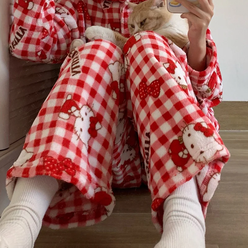 

Sanrio Hello Kitty Plaid Coral Velvet Sleepwear Pyjamas Pants Women Winter Star Print Plush Warm Harajuku Kawaii Pajamas Trouser