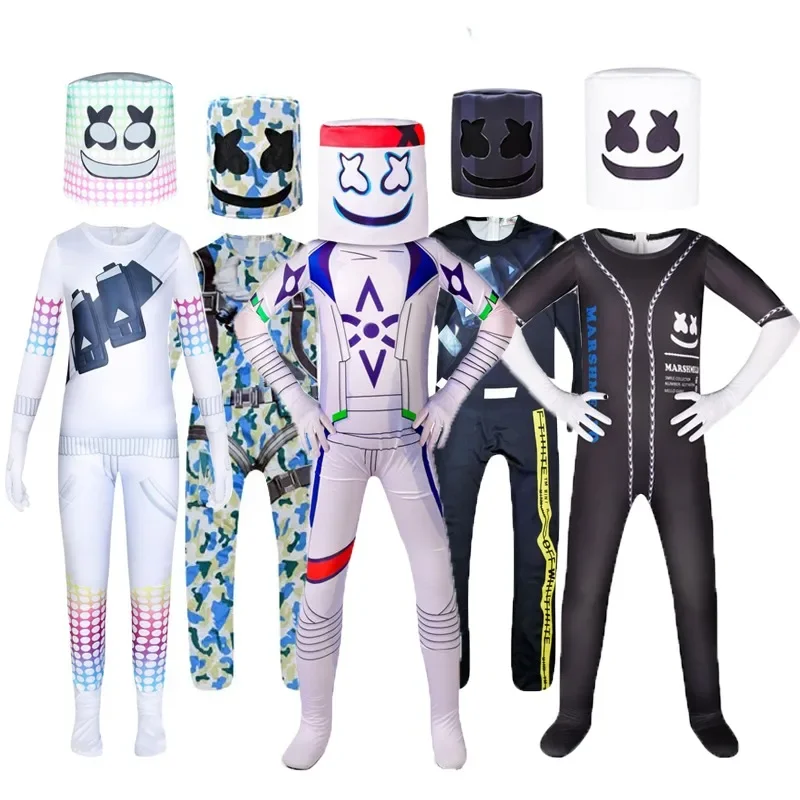 

Kids Popular DJ Marshmello Cosplay Halloween Costume with Mask Boys Girls Jumpsuit Carnival Party Scary Game Anime Bodysuitls