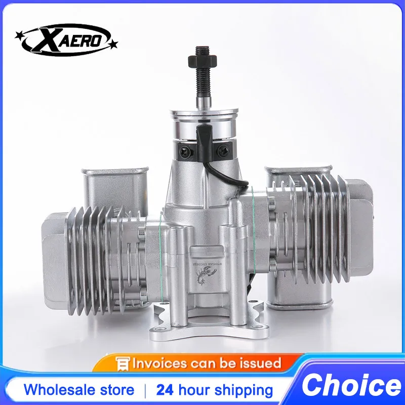 Vue de face du moteur essence RCGF Stinger 30cc double cylindre pour avion RC planeur, montrant les cylindres inclinés.