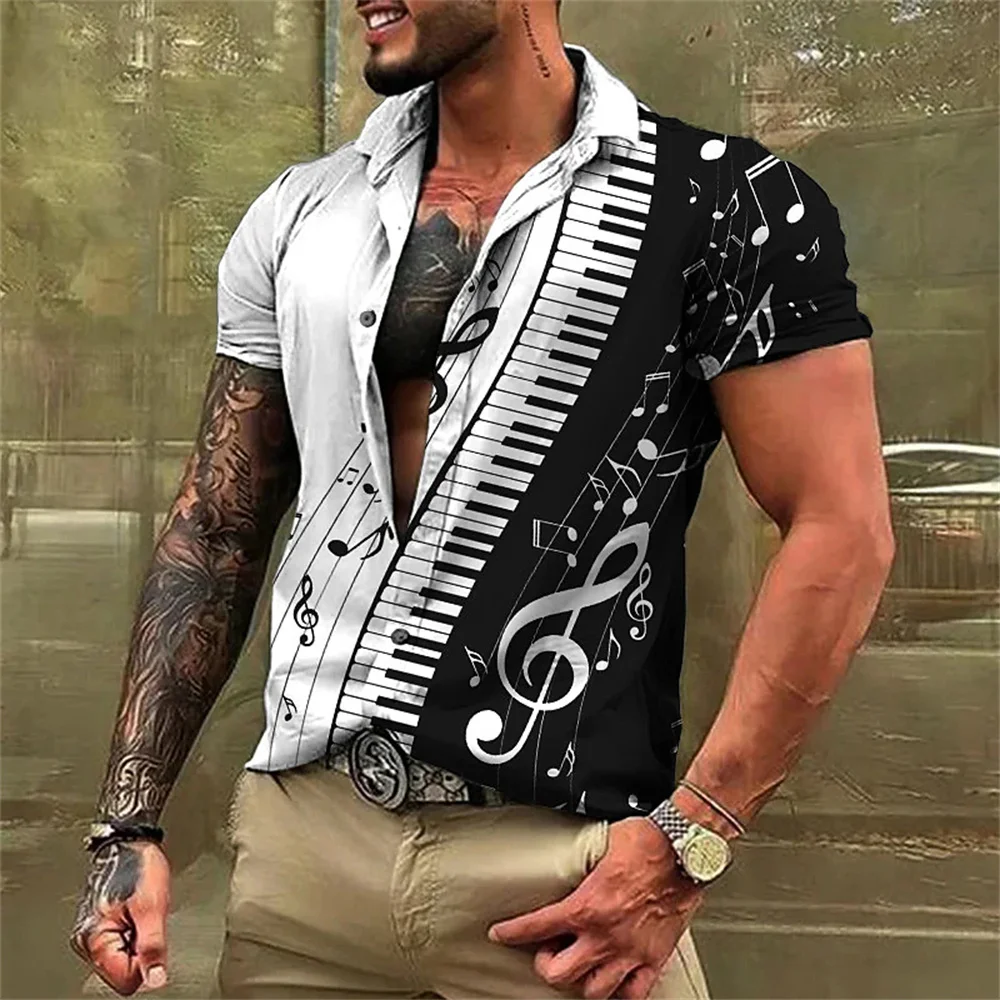 2023 New Music Shirt Men's Short -sleeved Single Deduction Lepat Printing Hawaiian Shirts Leisure Men's Costume