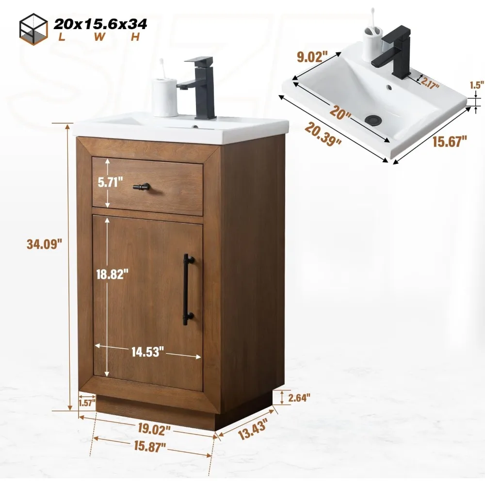 20 inch Bathroom Vanity with Ceramic Sink,with Doors and Removable Shelf, Modern Wood Cabinet with Marble Top, Solid Wood Frame 2