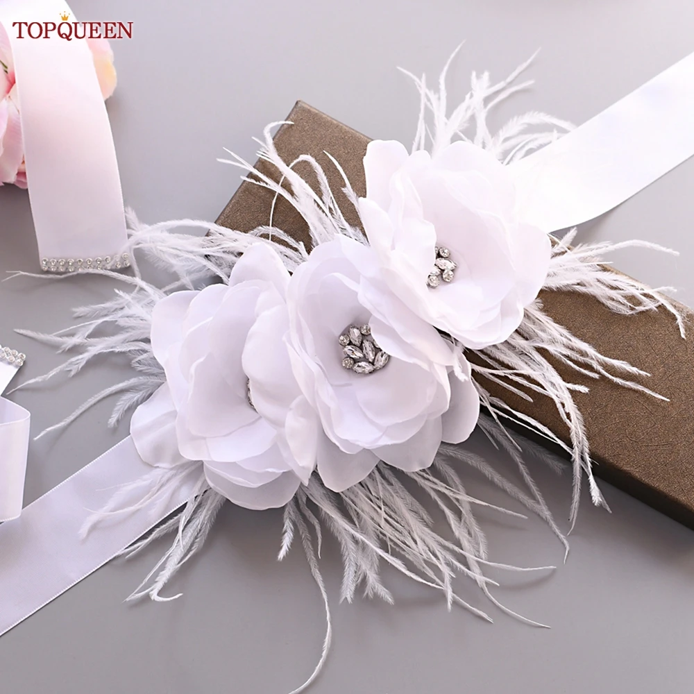 TOPQUEEN Wedding Belt White Flower Feather Sash Woman  Party Prom Decoration Bridal Dress Accessories Maternity Ribbon S438 topqueen s433 luxury designer belts silver rhinestone appliques wedding dress bridal accessories women s evening party sash