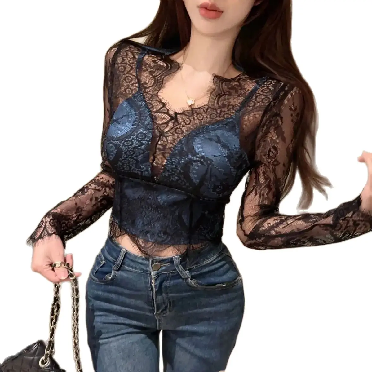 2024 Sexy Lace Blouses For Women Heavy Industry V-Neck Long Sleeve Shirts Crop Tops Temperament Korean Chic Vintage Blouse
