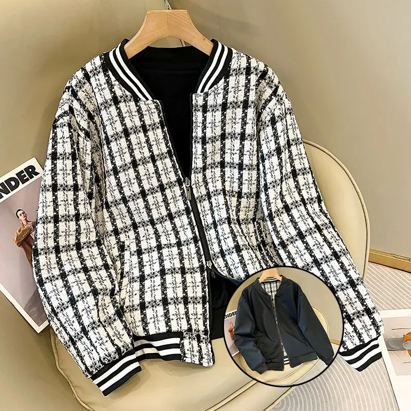 

M-2XL Womens Jackets Spring Autumn Female Coats Zipper Plaid Loose Fashion Double-sided Wear Outerwear Ladies Clothes Hw60