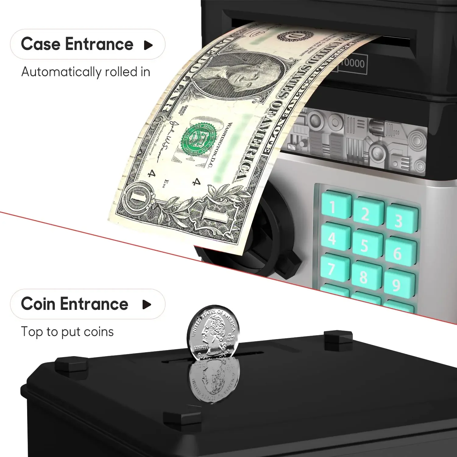 Black Piggy Bank for Kids Electronic ATM Cash Coin Can Money Saving Box with Password Children's Safe Money Jar with Auto Gra