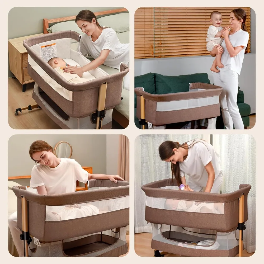 Baby Crib,3 in 1 Baby Bassinet Bedside Crib Adjustable Portable Bed for Infant,Baby Newborn Must Have Bed,Khaki 6