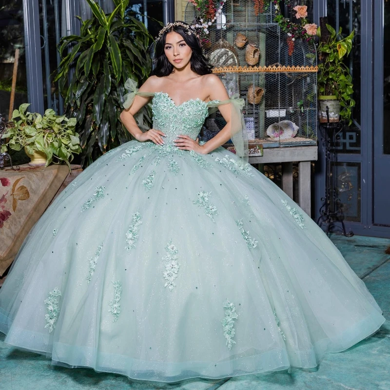 green emerald velvet dress New Arrival Ball Gown Off the Shoulder Prom Dress with Green Appliques, Quinceanera  Dress N1649 main image 0