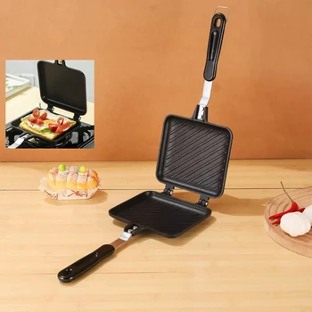 Padella a doppia faccia Padella antiaderente per panini alla griglia Padella per griglia ribaltabile resistente al calore con manico Padella per barbecue da campeggio all'aperto 1