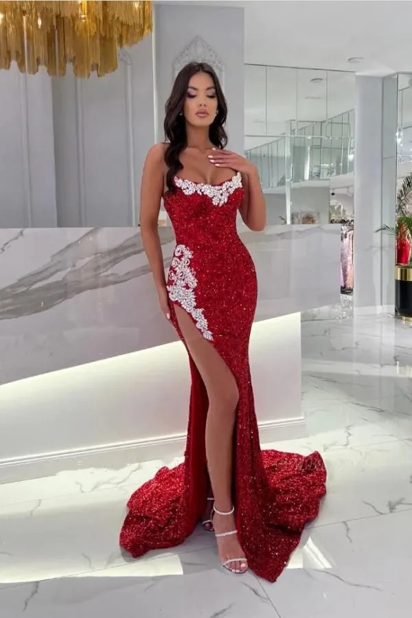

Strapless Prom Dresses Sequined Sparkly Bling Beaded Rhinestone Strapless with Slit Sexy Formal Party Women Evening Gown
