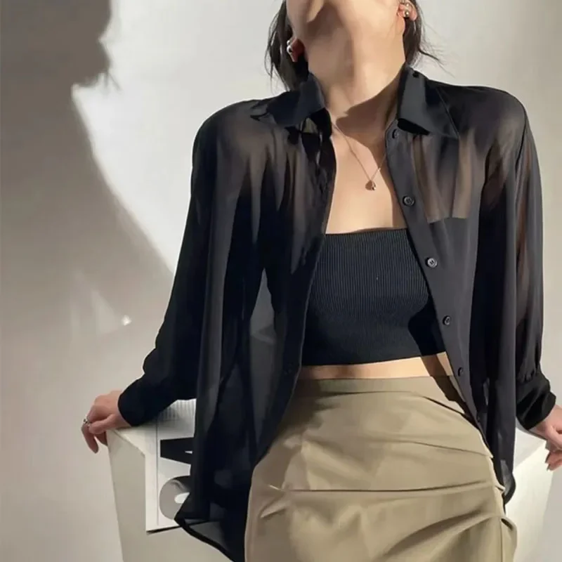 SMVP Chiffon Blouse for Women 2025 New Summer Sheer Mesh Long Sleeve Sun Protection Shirts Korean Fashion Office Lady Shirt Tops 1