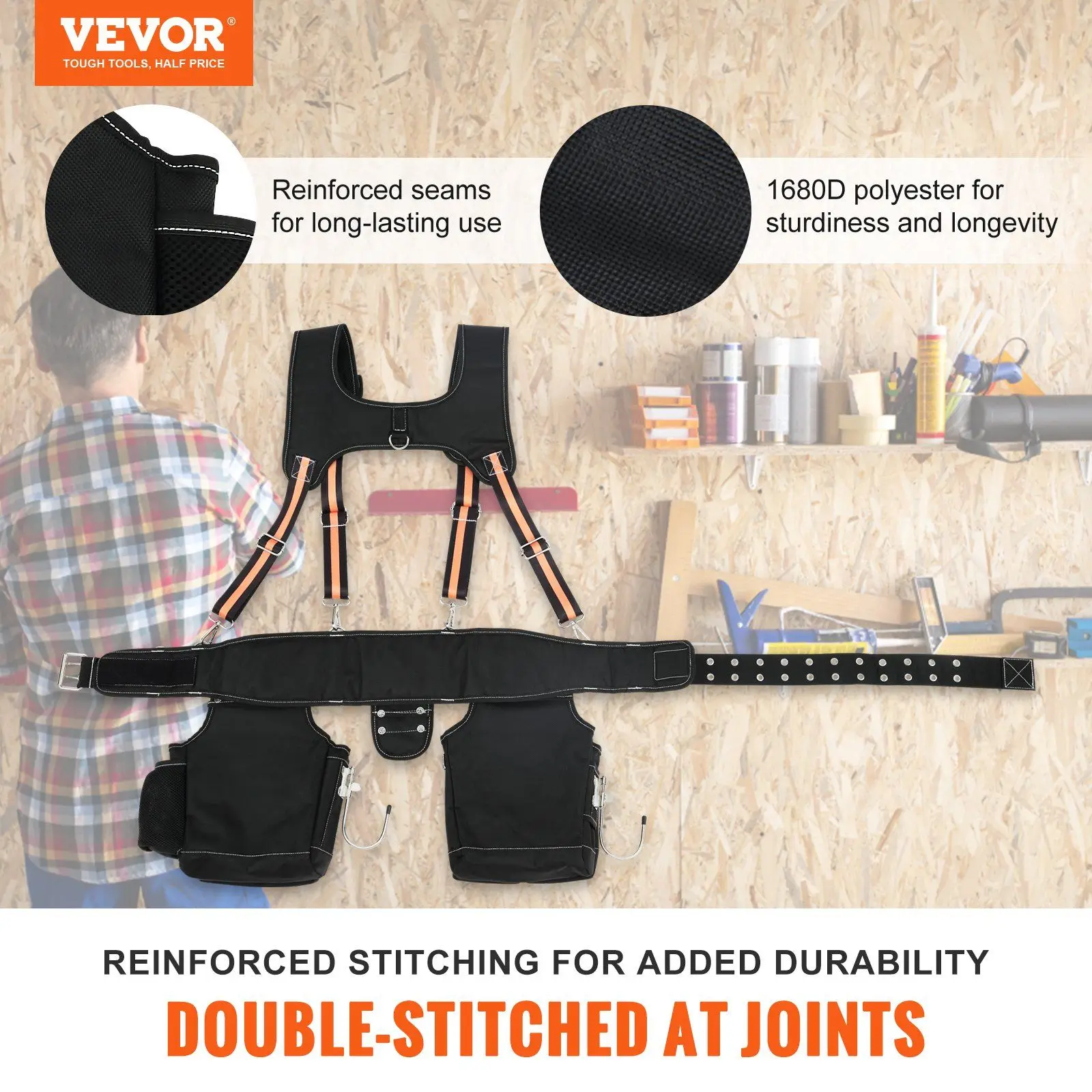 Tool Belt with Suspenders 1680D Polyester, 29 Pockets, 29-54 inches Adjustable Waist Size, Tool Belts for Men, Heavy Duty Carpen 2