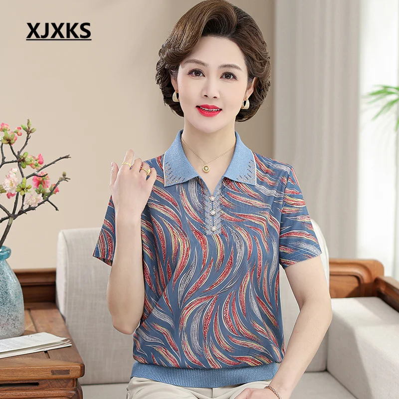 

XJXKS Loose Oversize Delicate Diamond-studded Women's T-shirt 2023 Summer New Lapel Short-sleeved Tops Ladies Blouse