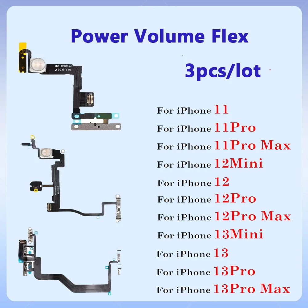 

3Pcs/lot For iPhone 11 12 13 Pro Max Power ON OFF Volume Flex with Metal Holder Repair Part Mute Switch Volume Button Flex Cable