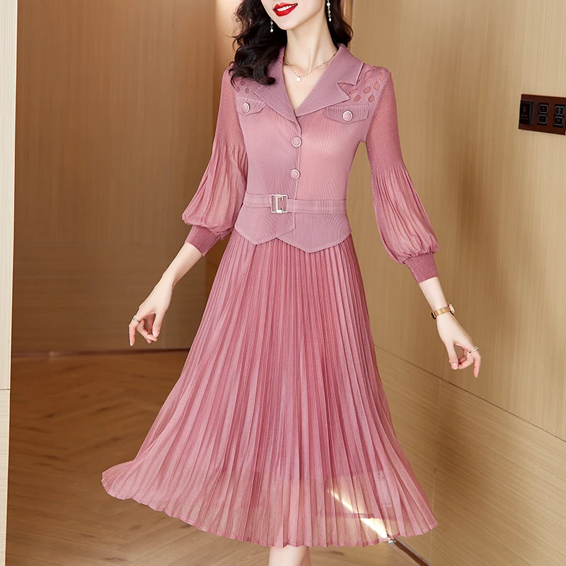 

Sanzhai Pleated Dress 2024 Spring/Summer New Suit Collar Bubble Sleeves Slimming Elastic Waist Mesh Splice Magic Dress