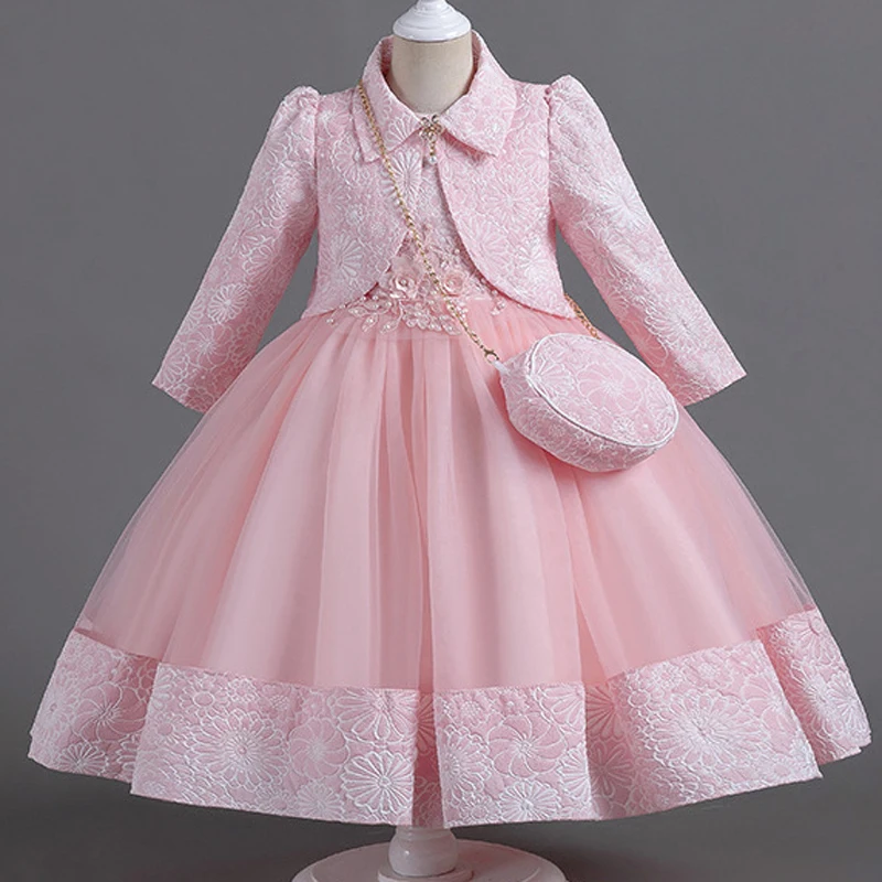 

3pcs/set Elegant Kids Princess Party Dresses For Girls Long Sleeve Children Costume Jacquard Pattern Girl Birthday Wedding Dress
