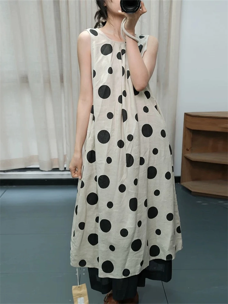 Summer Cotton Vintage Casual Loose Black Polka Dot Dresses For Women Sleeveless Dress Femme Robe Vestidos Elegant Long Clothing