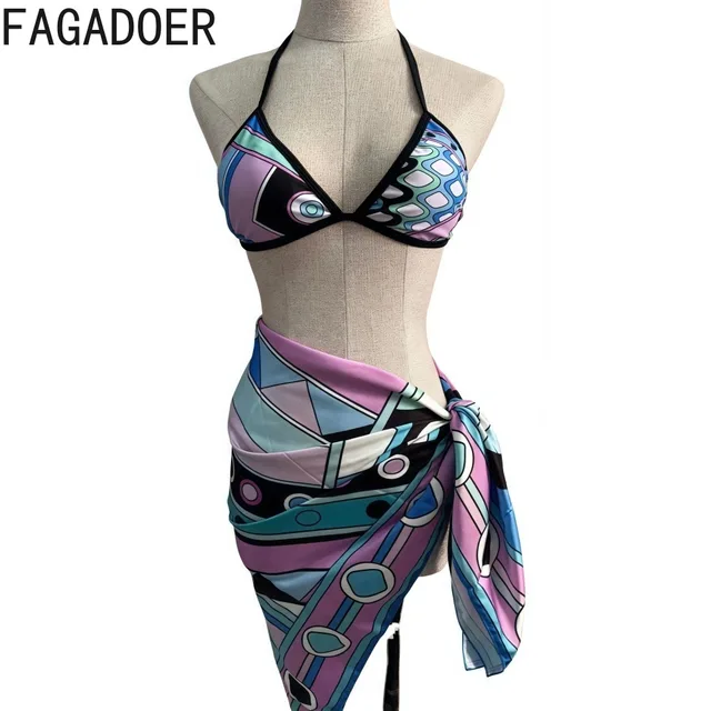 FAGADOER Sexy Bikinis Set 3 Piece Swimwear Woman 2025 Geometry Pattern Halter Backless Patchwork Tops +Underpants+ Lace Up Skirt 4