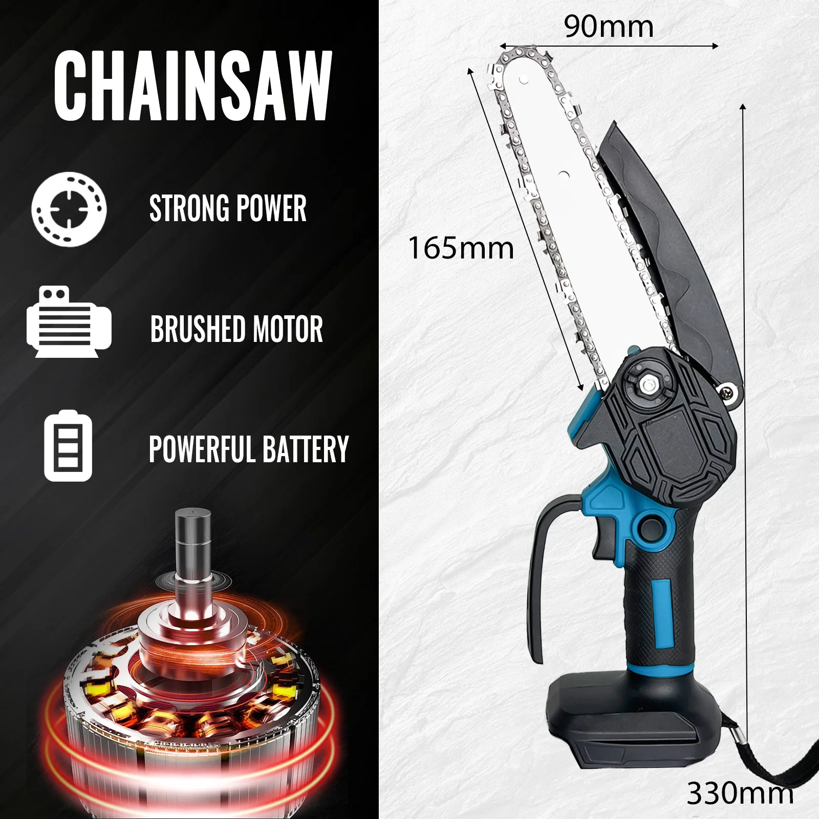 Full kit layout of cordless chainsaw and accessories