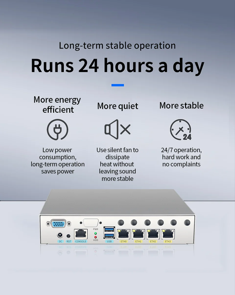 Mini PC Firewall Router with 4 LAN Ports, Intel Celeron J4125, USB3.0, Ngff SIM Slot - VPN Ready, OEM/ODM Logo Laser Print Description Image.This Product Can Be Found With The Tag Names Barebone Mini PC, Computer Office, Fanless soft router