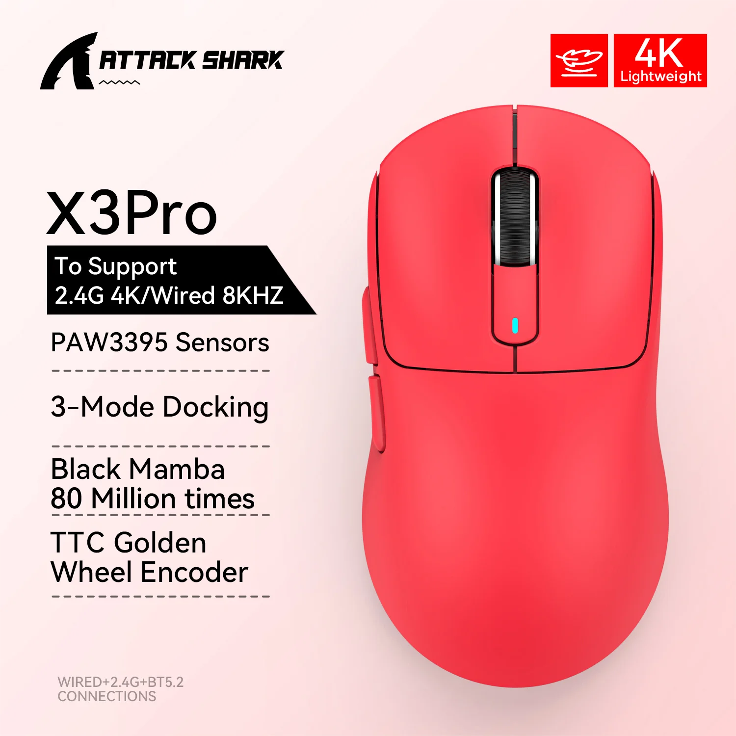 Attack Shark X3Rro Wired Mode 8KHz Bluetooth Mouse,PixArt PAW3395,Tri-Mode,Wiredless MODE 4KHz,Lightweight Macro Gaming Mouse