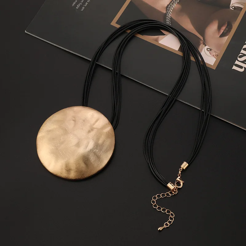 Large Boho Round Metal Pendant Long Chain Necklace Jewellery Women