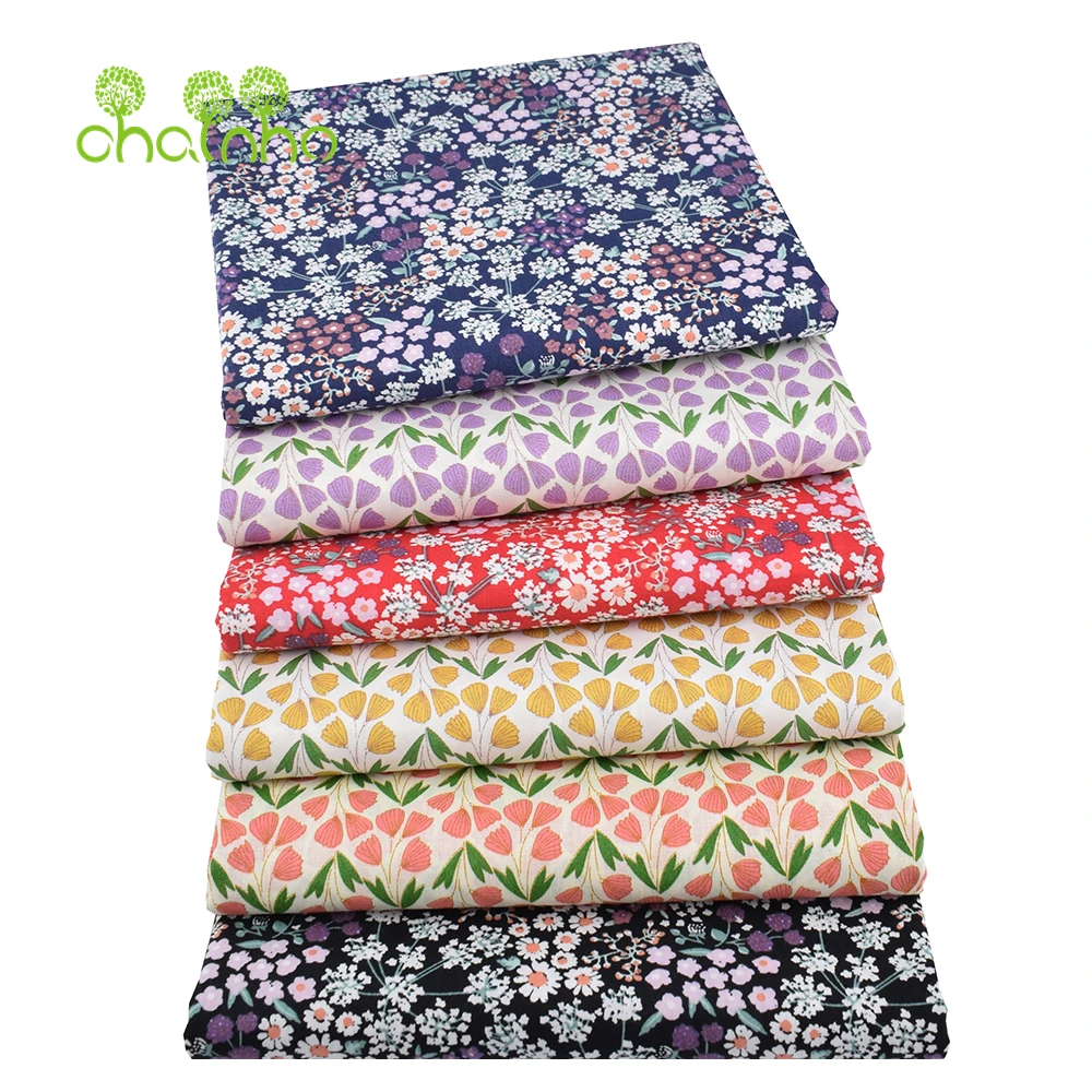 Chainho,Printed Plain Weave Poplin Cotton Fabric,DIY Sewing Quilting Material,Patchwork Cloth,Floral Series,3 Sizes,15PC202