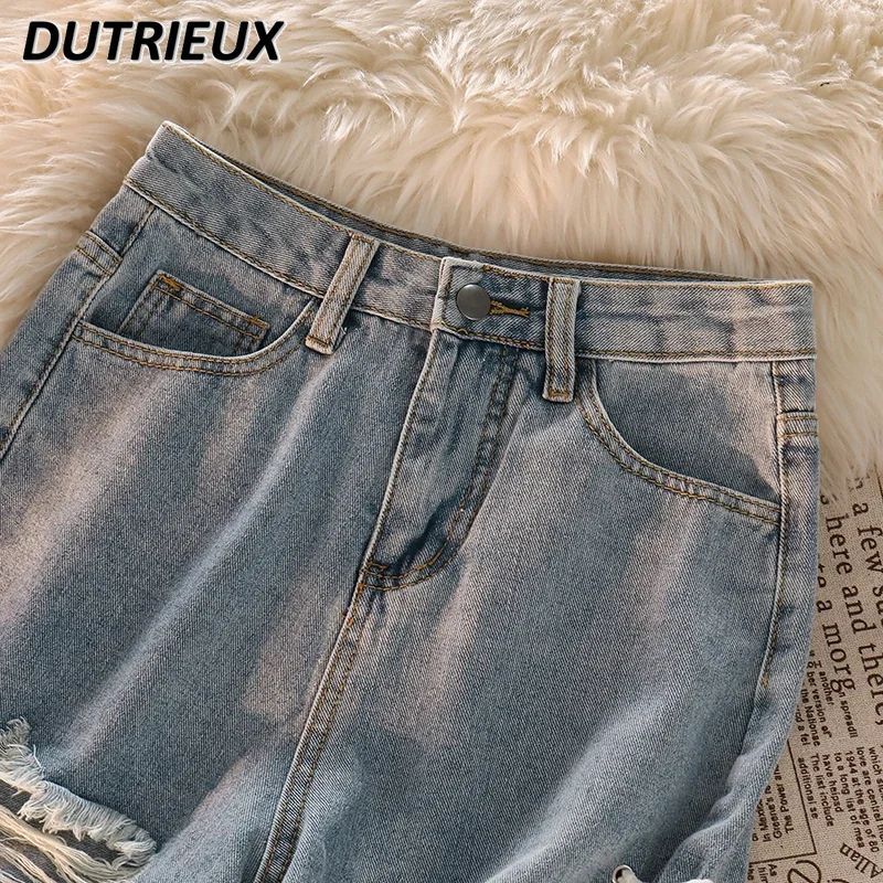 Cute Girls' Summer New High Waist Denim Shorts Women's High-Grade Sense Niche Burr Straight Hot Pants Fashion Short Jeans