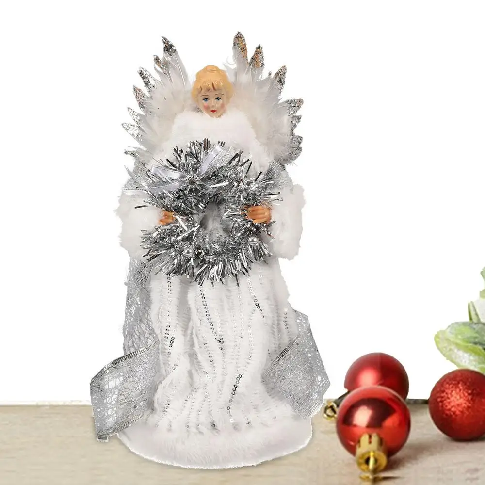 Description Picture 3 of item2025 Christmas Tree Topper Angel Fairy With White Feather Wings no light 3d Christmas Tree Top Decoration Ornament