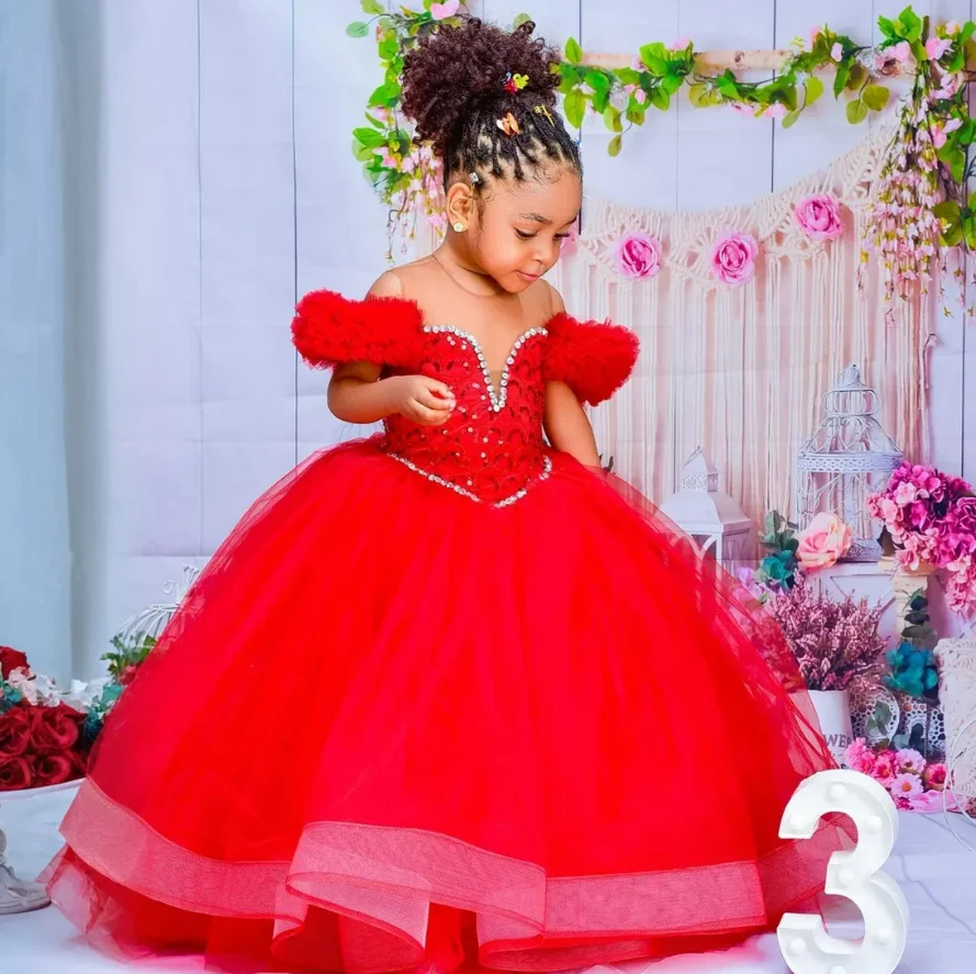 Red Kids Birthday Dresses Flower Girl Dresses Sheer Neck Ruffles Tiered Tulle Ball Gowns Party Prom Dresses