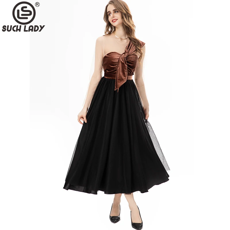

Women's Runway Dresses O Neck Long Sleevves Velvet Bow Patchwork Layered Elegant Fashion Mid Prom Vestidos