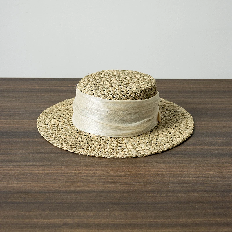 56-58CM-Bretelles blanches) Chapeau de paille tissé à la main rétro à