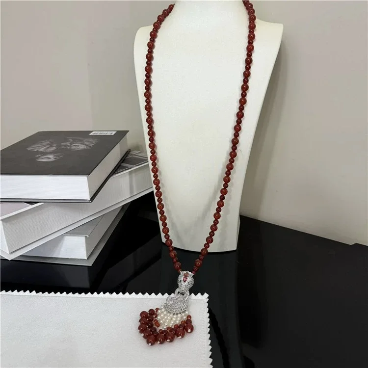 Red Agate White Rice freshwater Pearl CZ Plated Pendant 32