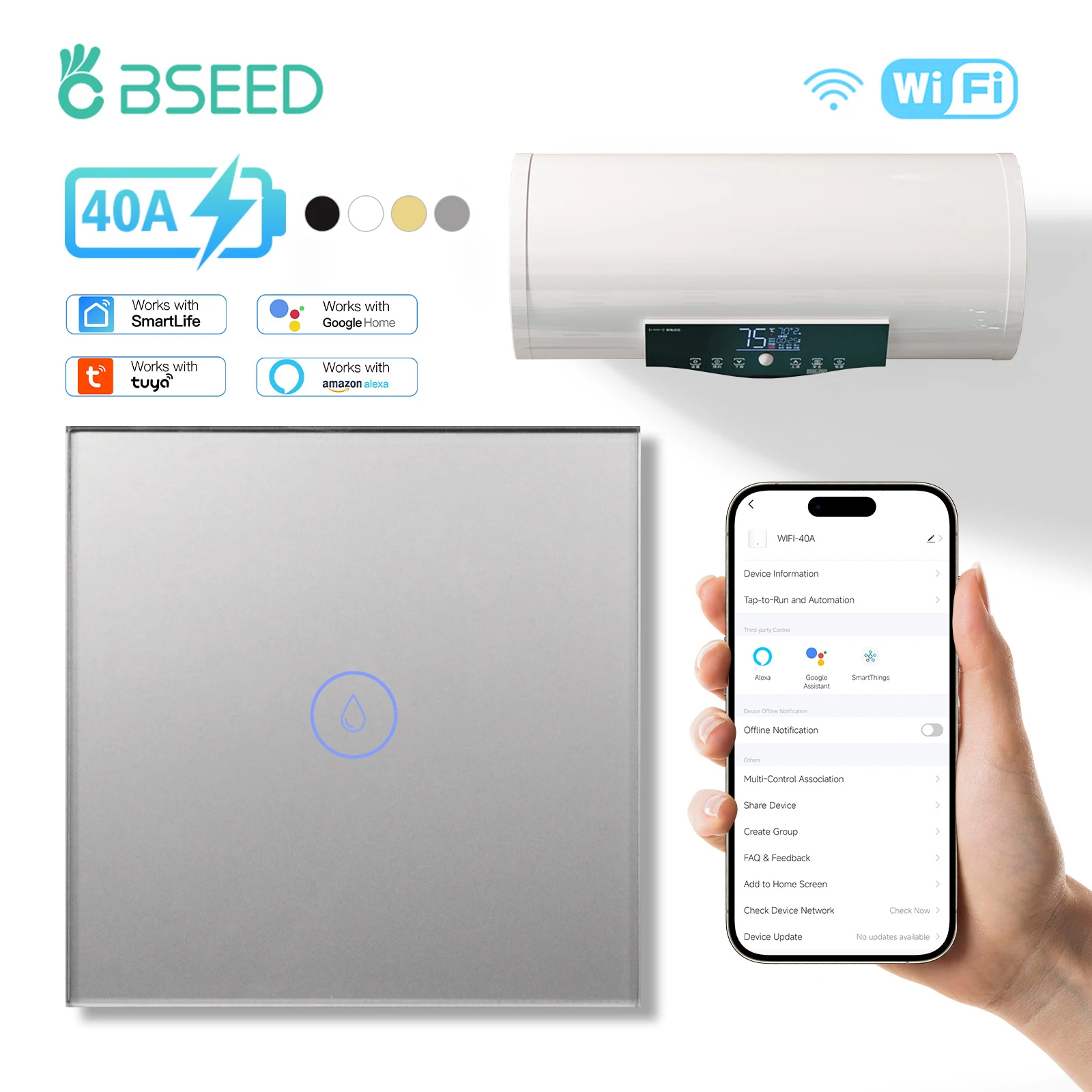 Bseed สวิตช์เครื่องทำน้ำอุ่นอัจฉริยะ WIFI สวิตช์หม้อไอน้ำแบบสัมผัส40A บวก EU ช่องเสียบกันน้ำสำหรับห้องครัว batroom Tuya ชีวิตอัจฉริยะ 1