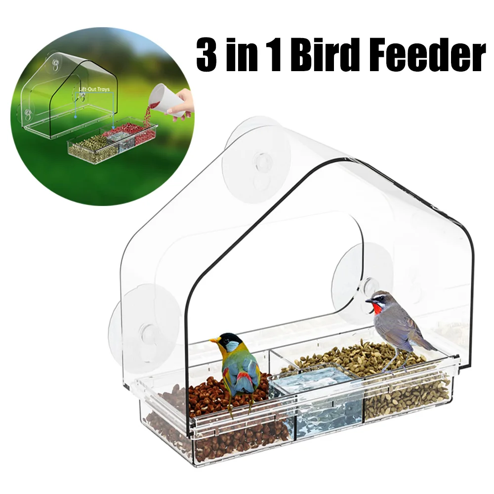 Acrylic Bird Feeder bird feeder with Suction Cup Wild Window Outside Hanging Bird Feed Tray Transparent Food Dispenser Pet Supplies