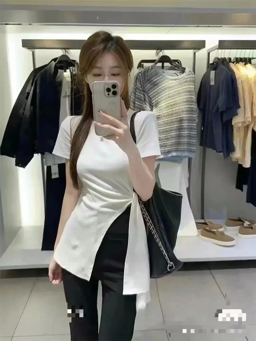 PopPopSlimming Tasarım Saf Arzu Kısa Kollu Tişört kadın Moda Yüksek Bel Kravat Yuvarlak Boyun Bölünmüş Gelişmiş Duygu Üst