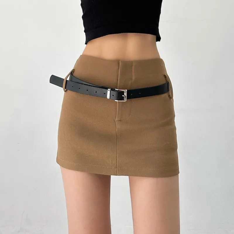 High Waist Sexy Belt Mini Skirts Elegant Wrap Hip Grey Slim A Line