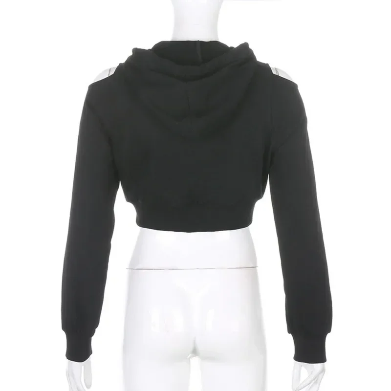 Sexy Hoodie Fashion Women Autumn Spring Long Sleeve Cut Out Chain 2024 Hoodie Short Sweatshirt Hollow Crop Top Women's Clothing