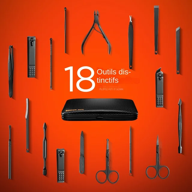 Manucure Kit professionnel en acier inoxydable, 18 outils de couleur