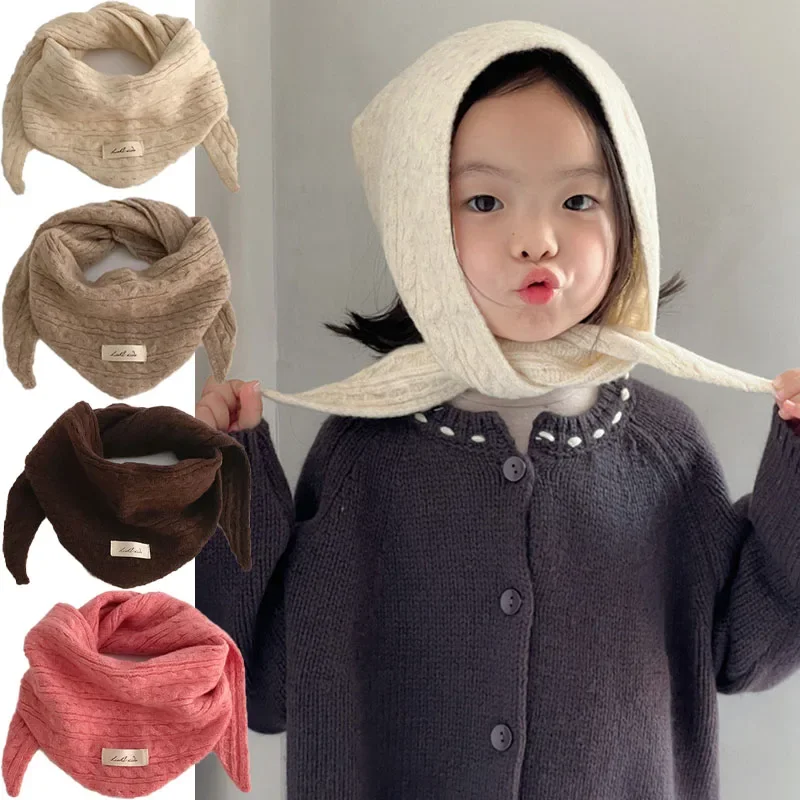 Children's Woolen Scarf Solid Color Soft Wool Knitted Baby Autumn Winter Warm Triangle Scarves Boys Girls Windproof Headscarf