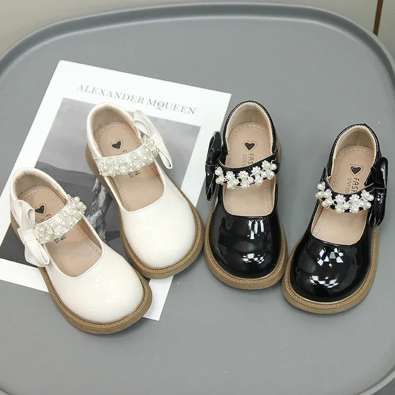 Girls Leather Shoes Children Fashion Bow with Pearls Chic Princess Glossy Versatile Shallow Loafers for Party Wedding