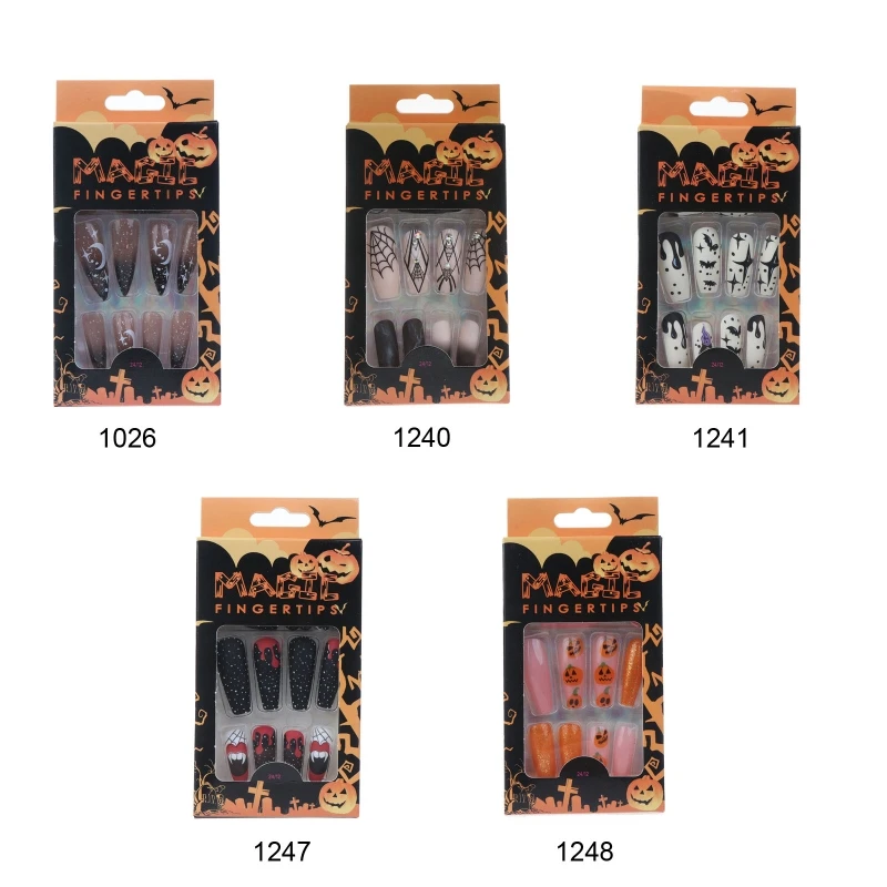 

24pcs Halloween False Nails Artificial Fake Nail Tips Gothic Acrylic Nail Coffin/Stiletto French Nail Tips Press On Nail