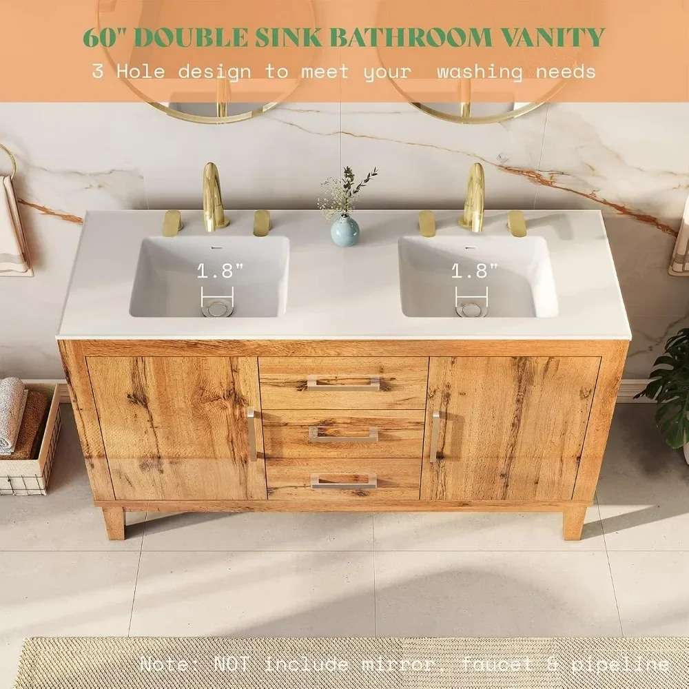 60" Double Bathroom Vanity with Sink, High Gloss Woodgrain Bathroom Storage Cabinet with 3 Hole Sink & & Drawers, Bath Vanity 4