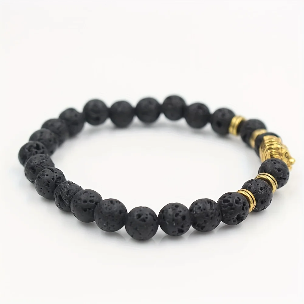 1pc Lava Volcanic Stone Bracelet With Fashionable Alloy Lion Head For Men - Image 5