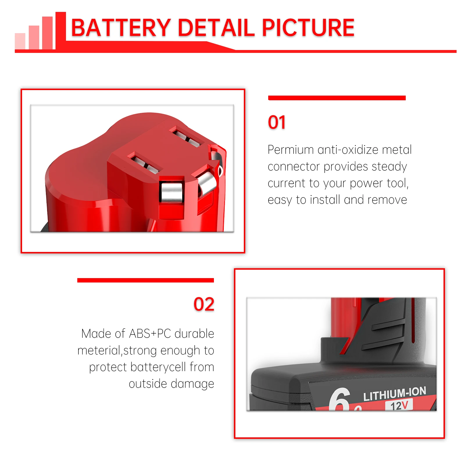 Rechargeable Battery 12V 6.0Ah with Light for Milwaukee M12 Battery M12 Tool 48-11-2402 48-11-2411 48-11-2401