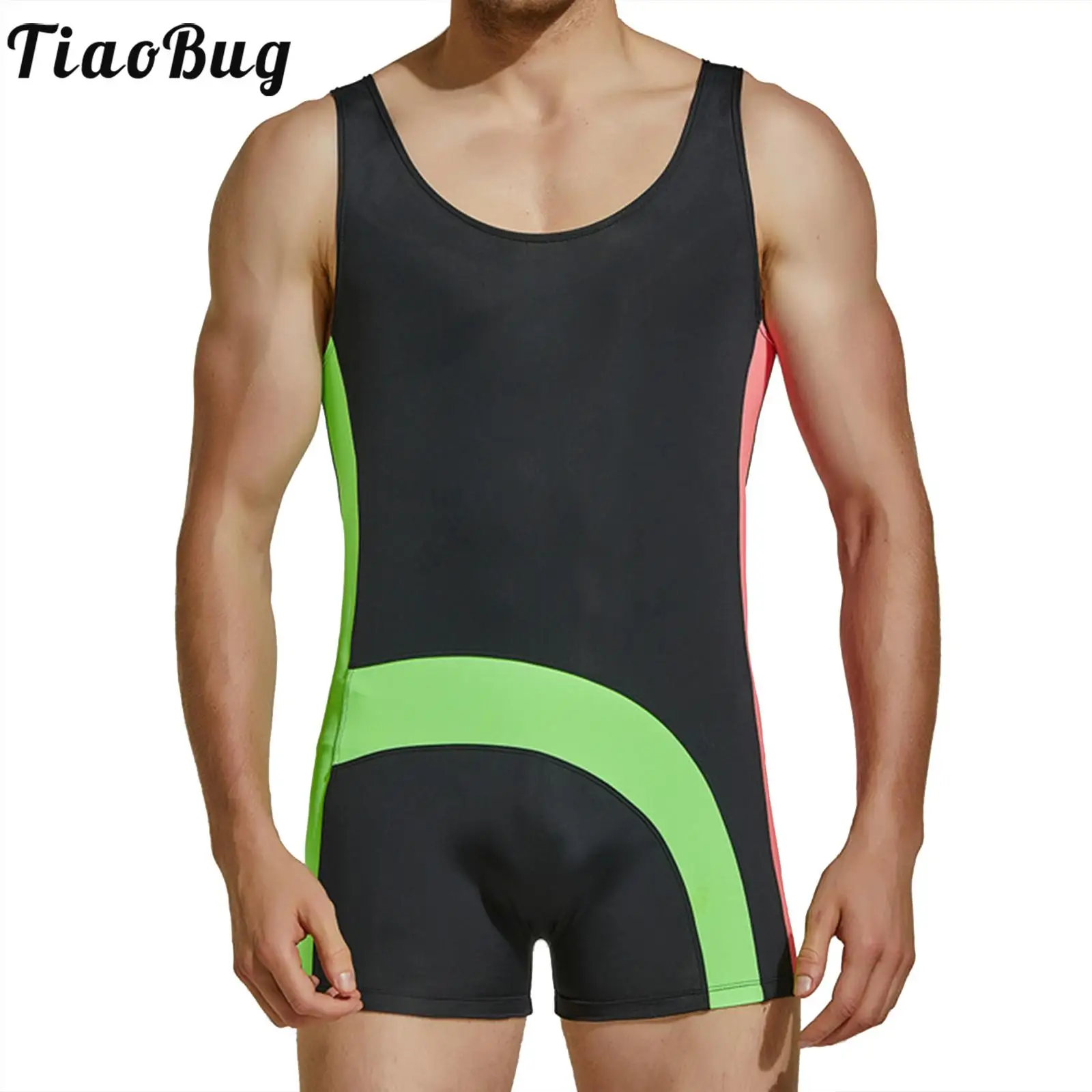 Men Swimsuit Round Neck Sleeveless Colorblock Patchwork Stretchy Short