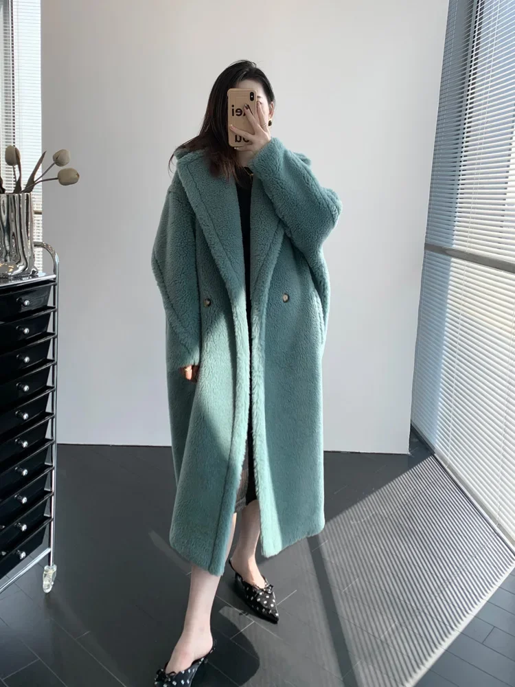 Grey Green Teddy Bear Coat Women's Mid length Silhouette Alpaca Fur Grass Coat