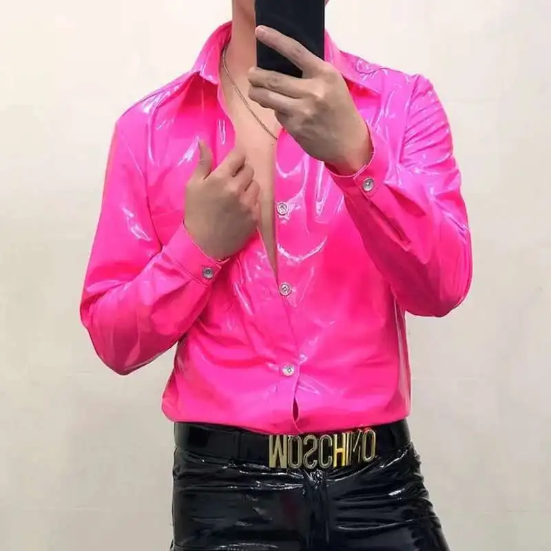 15 Colors Mirror Reflective ShinnyLeather Shirt Men's Slim Fit Shirt Night Club Performance Dress PU Leather Strechy