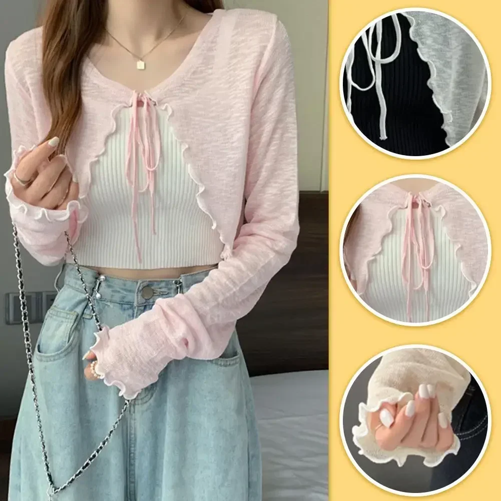 Suéter fino de verano para mujer, cárdigan de punto con encaje y manga larga, prendas de vestir exteriores para mujer