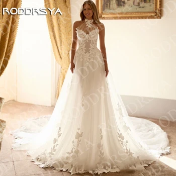 RODDRSYA Abito da sposa bohémien con scollo all'americana e schiena scoperta linea ad A in tulle con applicazioni in pizzo personalizzabile Bohemian Halter senza schienale illusione abiti da sposa una linea tulle pizzo
