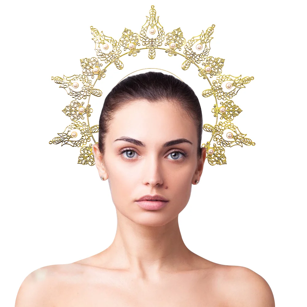 STAHAD 2 Pcs Our Lady's Headband Gold Headpiece for Women Aura Rings for  Women Sun Headband Crown Halloween Costumes for Adults Fashion Hairband  Miss